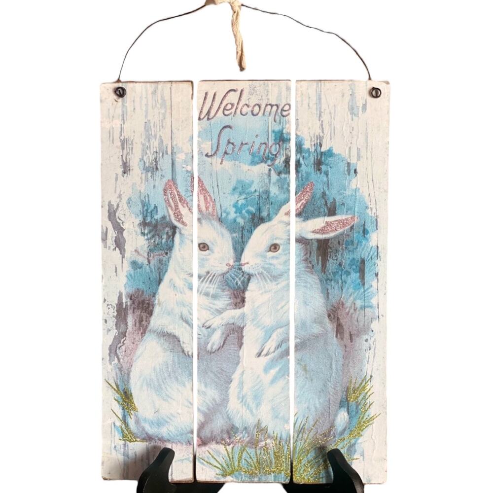 Primitive Designs By Kathy Welcome Spring Easter Bunnies Wood Sign